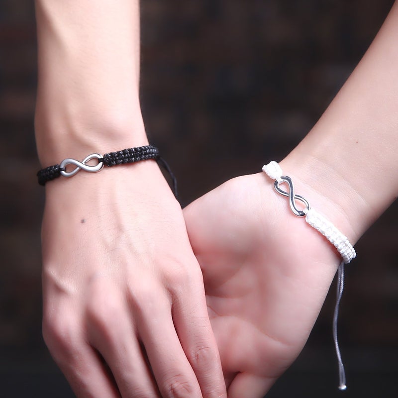 RINHOO 2PC/Set Stainless Steel 8 Infinity Couple Bracelet Braided Leather Rope Bangle Wrist Adjustable Chain Fit 7-9 Inch for Lover Friendship (2pc (black+white)) - Image 2